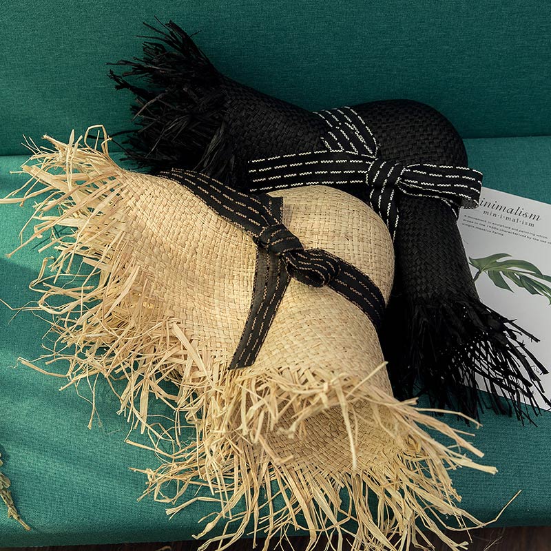 Op maat geverfde zwarte Raffia Straw Lady Floppy Hat